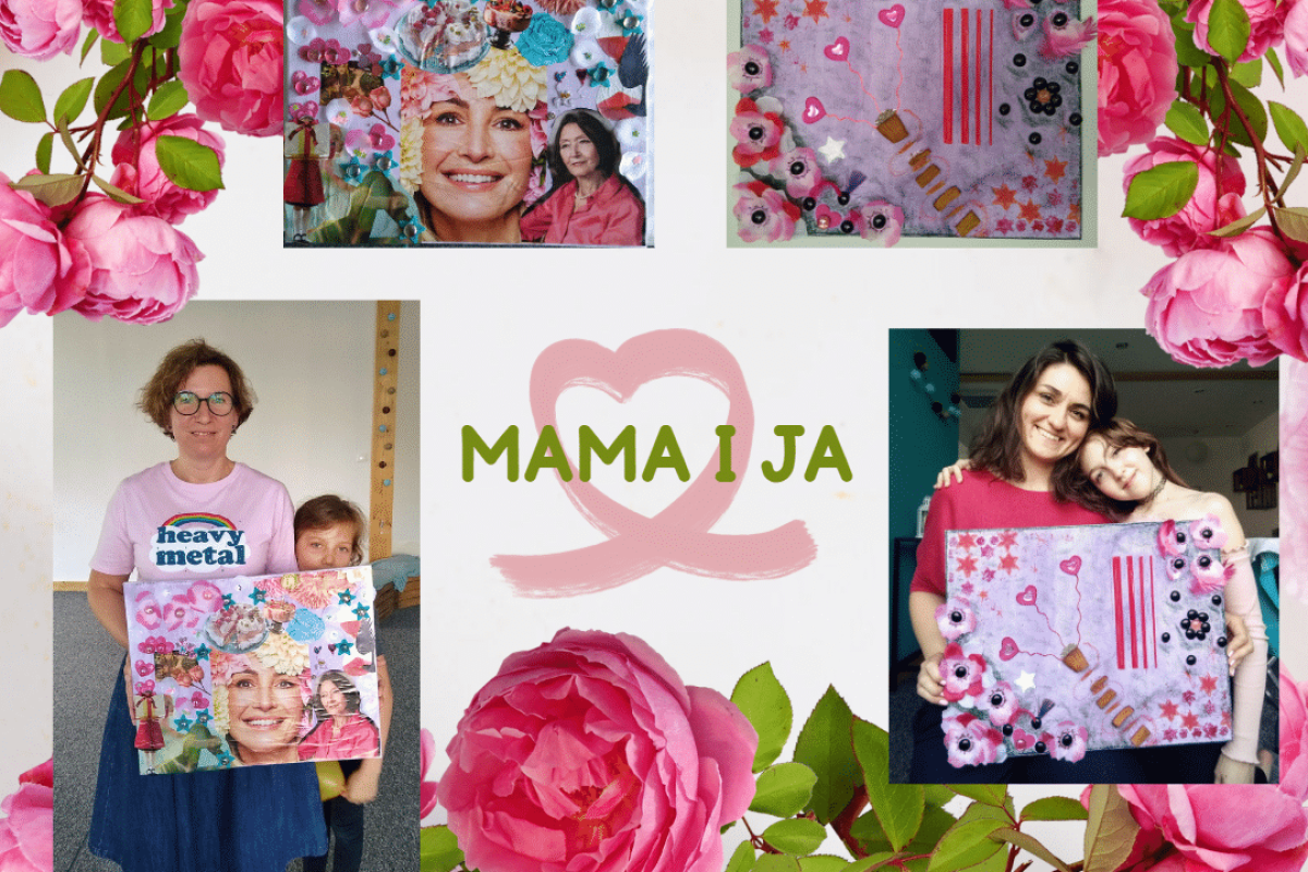 Grafika ze zdjęciami z warsztatów mama i ja z okazji dnia matki. Na zdjęciach dzieci ze swoimi mamami i wspónymi pracami, które stworzyły.